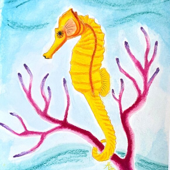 Yellow Seahorse Underwater Original Painting Acrylic Wall Art 11x14in Matted - Picture 1 of 10